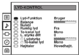 LYD-KONTROL ● Lyd-Funktion Balance Nulstil Rumlig lyd To-kanal lyd L. styrke diff Lydstyrke To-kanal lyd Hojttaler Bruger Fra Mono 0 Mono Hovedhajt.