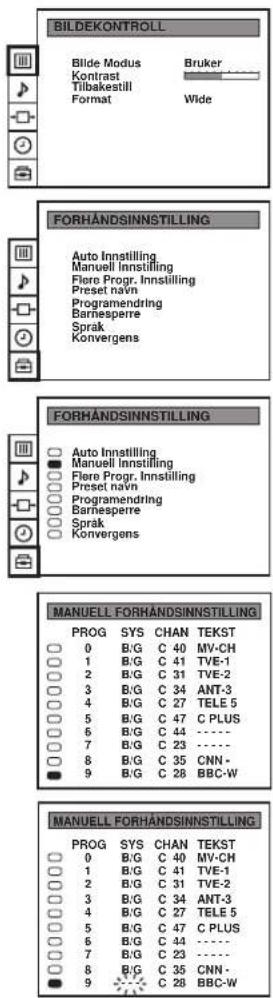 BILDEKONTROLL Blide Modus Kontrast Tilbakestill Format Bruker Wide FORHÄNDSNINNSTILLING Auto Innstilling Manuell Innstilling Flare Progr. Innstilling Preset navn Programendring Barnesperre Sprak Konvergens FORHÄNDSNINNSTILLING Auto Innstilling Manuell Innstilling Flare Progr. Innstilling Preset navn Programendring Barnesperre Sprak Konvergens MANUEL FORHÄNDSNINNSTILLING PROG SYS CHAN TEKST 0 B/G C 40 MV-CH 1 B/G C 41 TVE-1 2 B/G C 31 TVE-2 3 B/G C 34 ANT-3 4 B/G C 27 TELE 5 5 B/G C 47 C PLUS 6 B/G C 44 ---- 7 B/G C 23 ---- 8 B/G C 35 CNN - 9 B/G C 28 BBC-W MANUEL FORHÄNDSNINNSTILLING PROG SYS CHAN TEKST 0 B/G C 40 MV-CH 1 B/G C 41 TVE-1 2 B/G C 31 TVE-2 3 B/G C 34 ANT-3 4 B/G C 27 TELE 5 5 B/G C 47 C PLUS 6 B/G C 44 ---- 8 B/G C 35 CNN - 9 B/G C 28 BBC-W