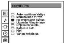 ESIVIRITYS ○ Automaattinen Viritys ○ Manuaalinen Viritys ● Piksvallintojen asetus ○ Litännän Nimcäminen ○ Ohjelmän valhito ○ Katselun esito ○ Kieli ○ Värien kohdistus