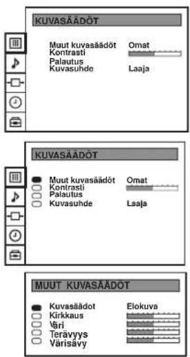 KUVASÄÄDÖT Muut kuvasädöt Omat Kontrasti Palautus Kuvasuhde Laaja KUVASÄÄDÖT Muut kuvasädöt Omat Kontrasti Palautus Kuvasuhde Laaja MUUT KUVASÄÄDÖT Kuvasädot Elokuva Kirkkaus Värj Terävyys Varisävy