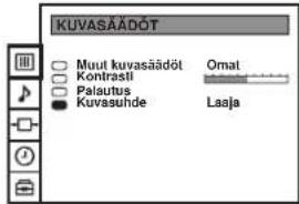 KUVASÄÄDÖT Muut kuvasäädöt Omat Kontrasli Palautus Kuvasuhde Laaja