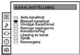KANALINSTÄLLNING Auto kanalinst Manuell kanalinst Utvidgat Kanalförval Namnge Ingångarna Kanalsortering Läsning av kanal Språk Konvergens
