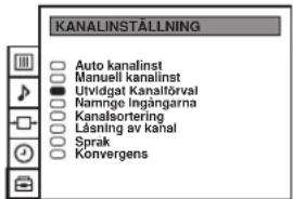 KANALINSTÄLLNING Auto kanalinst Manuell kanalinst Utvidgat Kanalförval Namnige Ingångarna Kanalsortering Läsning av kahal Sprak Konvergens
