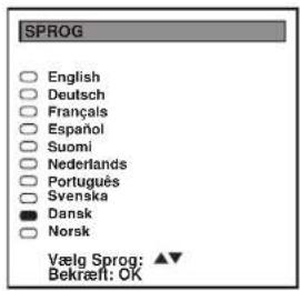 SPROG ○ English ○ Deutsch ○ Français ○ Español ○ Suomi ○ Nederlands ○ Português ○ Svenska ● Dansk ○ Norsk Vælg Sprog: ▲▼ Bekræft: OK