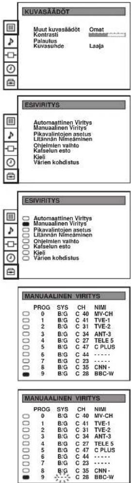 KUVASÄÄDÖT Muut kuvasäädöt Omat Kontrasti Palautus Kuvasuhde Laaja ESIVIRITYS Automaattinen Viritys Manuaalinen Viritys Pikavalintojen asetus Litännän Nimeäminen Ohjelmien valhto Kafselun esto Kieji Värien kohdistus ESIVIRITYS Automaattinen Viritys Manuaalinen Viritys Pikavalintojen asetus Litännän Nimeäminen Ohjelmien valhto Kafselun esto Kieji Värien kohdistus MANUAALINEN VIRITYS PROG SYS CH NIMI 0 B/G C 40 MV-CH 1 B/G C 41 TVE-1 2 B/G C 31 TVE-2 3 B/G C 34 ANT-3 4 B/G C 27 TELE 5 5 B/G C 47 C PLUS 6 B/G C 44 ---- 7 B/G C 23 ---- 8 B/G C 35 CNN - 9 B/G C 28 BBC-W MANUAALINEN VIRITYS PROG SYS CH NIMI 0 B/G C 40 MV-CH 1 B/G C 41 TVE-1 2 B/G C 31 TVE-2 3 B/G C 34 ANT-3 4 B/G C 27 TELE 5 5 B/G C 47 C PLUS 6 B/G C 44 ---- 7 B/G C 35 CNN - 9 B/G C 28 BBC-W