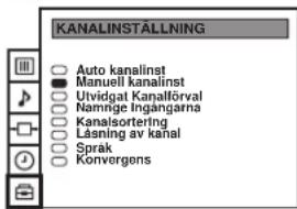 KANALINSTÄLLNING ○ Auto kanalinst ■ Manuell kanalinst ○ Utvidgat Kanallörval ○ Namrige Ingangarna ○ Kanalsortering ○ Läsning av kanal ○ Språk ○ Konvergens