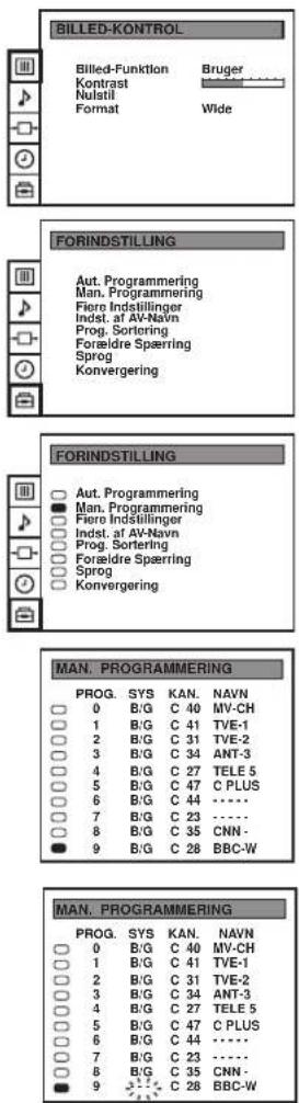 BILLED-KONTROL Billed-Funktion Krontrast Nulstil Format Bruger Wide FORINDSTILLING Aut. Programming Man. Programming Fiere Indstillinger Indst. at AV-Navn Prog. Sortering Forældre Spæring Sprog Konvergering FORINDSTILLING Aut. Programming Man. Programming Fiere Indstillinger Indst. at AV-Navn Prog. Sortering Forældre Spæring Sprog Konvergering MAN. PROGRAMMING PROG. SYS KAN. NAVN 0 B/G C 40 MV-CH 1 B/G C 41 TVE-1 2 B/G C 31 TVE-2 3 B/G C 34 ANT-3 4 B/G C 27 TELE 5 5 B/G C 47 C PLUS 6 B/G C 44 ........- 7 B/G C 23 ........- 8 B/G C 35 CNN - 9 B/G C 28 BBC-W MAN. PROGRAMMING PROG. SYS KAN. NAVN 0 B/G C 40 MV-CH 1 B/G C 41 TVE-1 2 B/G C 31 TVE-2 3 B/G C 34 ANT-3 4 B/G C 27 TELE 5 5 B/G C 47 C PLUS 6 B/G C 44 ........- 7 B/G C 23 ..... 8 B/G C 35 CNN - 9 B/G C 28 BBC-W