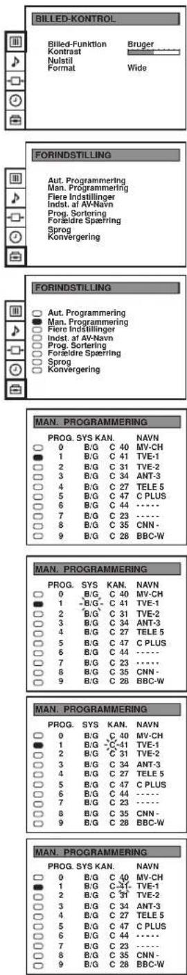 BILLED-KONTROL Billed-Punktion Kontrast Nulstil Format Bruger Wide FORINDSTILLING Aut. Programmering Man. Programmering Fiere Indstillinger Indst. af AV-Navn Prog. Sortering Forældre Spæring Sprog Konvergering FORINDSTILLING Aut. Programmering Man. Programmering Fiere Indstillinger Indst. af AV-Navn Prog. Sortering Forældre Spæring Sprog Konvergering MAN. PROGRAMMERING PROG. SYS KAN. 0 B/G C 40 MV-CH 1 B/G C 41 TVE-1 2 B/G C 31 TVE-2 3 B/G C 34 ANT-3 4 B/G C 27 TELE 5 5 B/G C 47 C PLUS 6 B/G C 44 ---- 7 B/G C 23 ---- 8 B/G C 35 CNN - 9 B/G C 28 BBC-W MAN. PROGRAMMERING PROG. SYS KAN. 0 B/G C 40 MV-CH 1 -B/G C 41 TVE-1 2 B/G C 31 TVE-2 3 B/G C 34 ANT-3 4 B/G C 27 TELE 5 5 B/G C 47 C PLUS 6 B/G C 44 ---- 7 B/G C 23 ---- 8 B/G C 35 CNN - 9 B/G C 28 BBC-W MAN. PROGRAMMERING PROG.SYS KAN.NAVN 0 B/G C 40 MV-CH 1 B/G C-41 TVE-1 2 B/G C 31 TVE-2 3 B/G C 34 ANT-3 4 B/G C 27 TELE 5 5 B/G C 47 C PLUS 6 B/G C 44 ---- 7 B/G C 23 ---- 8 B/G C 35 CNN - 9 B/G C 28 BBC-W