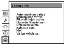 ESIVIRITYS Automaaattinen Viritys Manuaalinen Viritys Pikavalintojen asetus Litännän Nimeäminen Ohjelmien valhito Katgelun esto Kieli Värien kohdistus