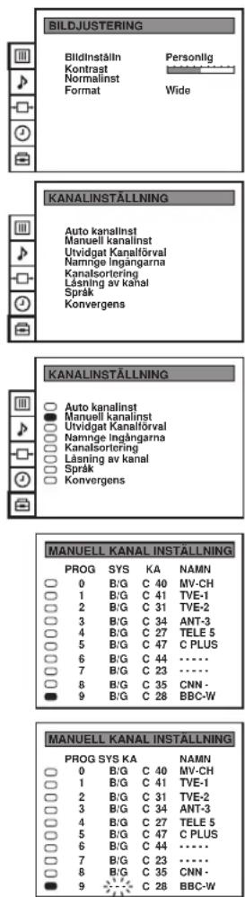 BILDJUSTERING Bildinståln Personlig Kontrast Normalinst Wide Format KANALINSTALLNING Auto kanalinst Manuell kanalinst Utvidgat Kanalförval Namnge Ingangarna Kanalsortering Läsning av kanal Språk Konvergens KANALINSTALLNING Auto kanalinst Manuell kanalinst Utvidgat Kanalförval Namnge Ingangarna Kanalsortering Läsning av kanal Språk Konvergens MANUELL KANAL INSTALLING PROG SYS KA NAMN 0 B/G C 40 MV-CH 1 B/G C 41 TVE-1 2 B/G C 31 TVE-2 3 B/G C 34 ANT-3 4 B/G C 27 TELE 5 5 B/G C 47 C PLUS 6 B/G C 44 ...... 7 B/G C 23 ...... 8 B/G C 35 CNN - 9 B/G C 28 BBC-W MANUELL KANAL INSTALLING PROG SYS KA NAMN 0 B/G C 40 MV-CH 1 B/G C 41 TVE-1 2 B/G C 31 TVE-2 3 B/G C 34 ANT-3 4 B/G C 27 TELE 5 5 B/G C 47 C PLUS 6 B/G C 44 ...... 7 B/G C 35 CNN - 9 B/G C 28 BBC-W