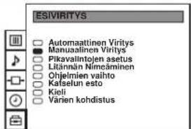 ESIVIRITYS Automaaattinen Viritys Manuaalinen Viritys Pikavalintojen asetus Litännän Nimeäminen Ohjelmien valhö Katselun esto Kieli Värien kohdistus