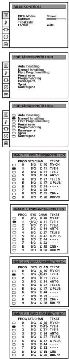 BILDEKONTROLL Blide Modus Krontrast Tilbakestill Format Bruker Wide FORHANDSINNSTILLING Auto Innstilling Manuell Innstilling Flore Progr. Innstilling Preset navn Programendring Barnesperre Sprak Konvergens FORHANDSINNSTILLING Auto Innstilling Manuell Innstilling Flore Progr. Innstilling Preset navn Programendring Barnesperre Sprak Konvergens MANUELL FORHANDSINNSTILLING PROG SYS CHAN TEKST 0 B/G C 40 MV-CH 1 B/G C 41 TVE-1 2 B/G C 31 TVE-2 3 B/G C 34 ANT-3 4 B/G C 27 TELE 5 5 B/G C 47 C PLUS 6 B/G C 44 ---- 7 B/G C 23 ---- 8 B/G C 35 CNN - 9 B/G C 28 BBC-W MANUEL FORHANDSINNSTILLING PROG SYS CHAN TEKST 0 B/G C 40 MV-CH 1 B/G C 41 TVE-1 2 B/G C 31 TVE-2 3 B/G C 34 ANT-3 4 B/G C 27 TELE 5 5 B/G C 47 C PLUS 6 B/G C 44 ---- 7 B/G C23 ---- 8 B/G C 35 CNN - 9 B/G C 28 BBC-W MANUEL FORHANDSINNSTILLING PROG SYS CHAN TEKST 0 B/G C 40 MV-CH 1 B/G C 41 TVE-1 2 B/G C 31 TVE-2 3 B/G C 34 ANT-3 4 B/G C 27 TELE 2 5 B/G C 47 C PLUS 6 B/G C 44 ---- 7 B/G C 23 ---- 8 B/G C 35 CNN - 9 B/G C 28 BBC-W