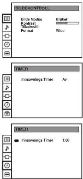 BILDEKONTROLL Bilde Modus Kontrast Tilbakestill Format Bruker Wide TIMER Innsovnings Timer Av TIMER Innsovnings Timer 1:00