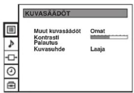 KUVASÄÄDÖT Muut kuvasäädöt Omat Kontrastl Palautus Kuvasuhde Laaja