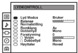 LYDKONTROLL ● Lyd Modus Bruker Balance Normalstilling Romklang Av Dobbellyd Mono Forskvinying 0 ○ Volum ○ Dobbellyd Mono Høyttaler Hoved