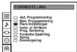 FORINDSTILLING Aut. Programmering Man. Programmering Fiere Indstillinger Indst. af AV-Navn Prog. Sortering Forældre Spæring Sprøg Konvergering