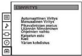 ESIVIRITYS Automattinen Viritys Manuaalinen Viritys Pikavalintojen asetus Litännän Nimeäminen Ohjelnien valhito Katgelun esto Kieli Värien kohdistus