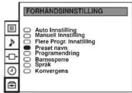 FORHANDSINNSTILLING Auto Innstilling Manuell Innstilling Fiere Progr. Innstilling Preset navn Programendring Barnesperre Språk Konvergens