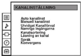 KANALINSTÄLLNING Auto kanallinst Manuell kanalinst Utvidgat Kanalförval Namrige Ingångarna Kanalsortering Läsning av kanal Språk Konvergens