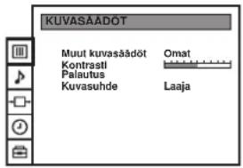 KUVASÄÄDÖT Muuut kuvasäädöt Omat Kontrasti Palautus Kuvasuhde Laaja