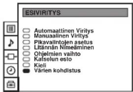 ESIVIRITYS Automaaattinen Viritys Manuaalinen Viritys Piksalvalintojen asetus Litännän Nimeäminen Ohjelmien valhto Kalselun esio Kieli Värlen kohdistus
