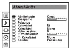 ÄÄNISÄÄDÖT Äänltehoste Tasspalino Palautus Keinoääni Kakslääni Voim. asetus Volmakkuus Kakslääni Kaiutin Omat Ei Mono 0 Mono Paäkaiutin