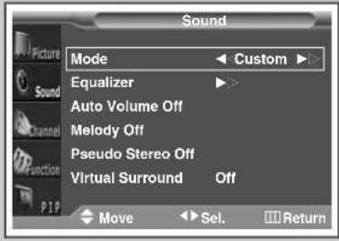 Sound Mode Custom Equalizer Auto Volume Off Melody Off Pseudo Stereo Off Virtual Surround Off Move Sel. Return