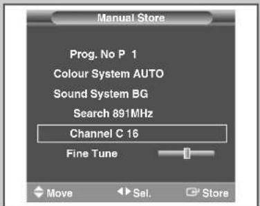 Manual Store Prog. No P 1 Colour System AUTO Sound System BG Search 891MHz Channel C 16 Fine Tune Move Sel. Store