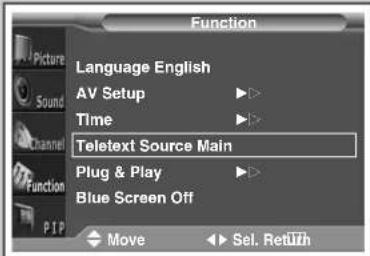 Function Language English AV Setup Time Teletext Source Main Plug & Play Blue Screen Off Move Sel. RetiTh