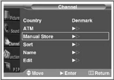 Channel Picture Sound Channel Function PIP Country ATM Manual Store Sort Name Edit Move Enter Return