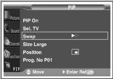 PIP Picture Sound Channel Function PIP On Sel. TV Swap Size Large Position Prog. No P01 Move Enter Return