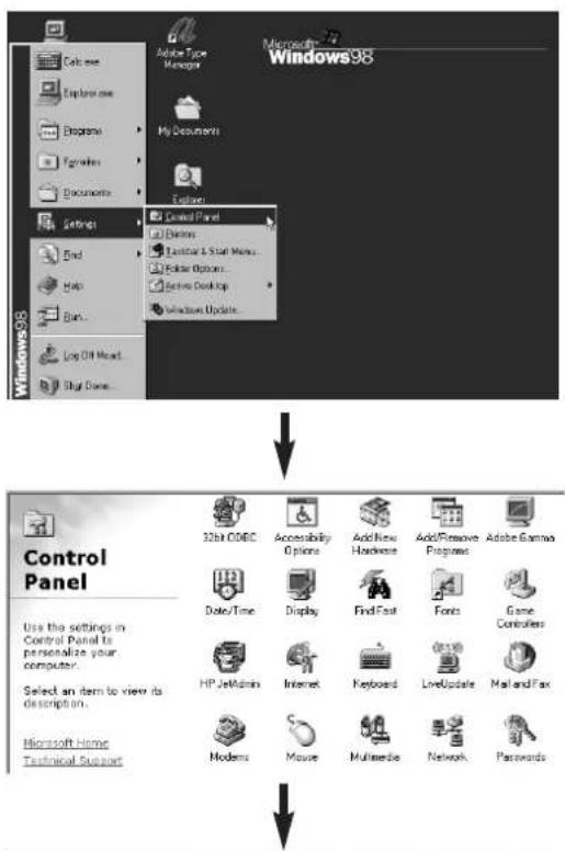 Windows 98 Start Menu Cable one Explore one Programs Favorites Documents Settings End Help Help... Log Off Head... Sign Date... Adobe Type Manager My Documents Edition Control Panel Editers Textiles & Start Menu... Folder Options... Senses Desktop Windows Update... Control Panel 12bit CD6C Accessibility Options Add New Hardware Add Remove Programs Adobe Gamma Date/Time Display Find Fast Fonts Game Computers HP JetAdmin Internet Keyboard LiveUpdate Mail and Fax Microsoft Home Technical Support Moderns Mouse Multimedia Network Passwords