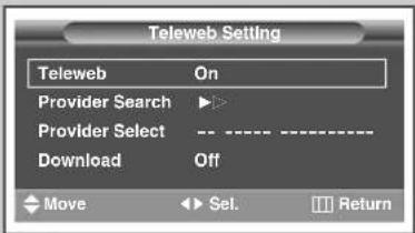 Teleweb Setting Teleweb On Provider Search ▶ Provider Select -- ---- Download Off Move Sel. Return