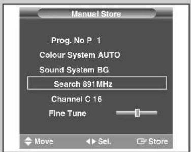 Manual Store Prog. No P 1 Colour System AUTO Sound System BG Search 891MHz Channel C 16 Fine Tune Move ►Sel. Store