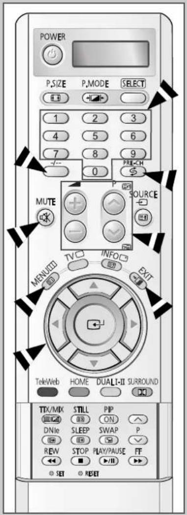 POWER P.SIZE P.MODE SELECT 1 2 3 4 5 6 7 8 9 0 PRE-CH MUTE SOURCE MENUED INFO EXIT TeleWeb HOME DUALI-II SURROUND TTX/MIX STILL PIP DNie SLEEP SWAP P REV STOP PLAY/PAUSE FF SET RESET