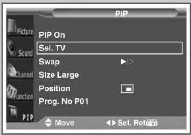 PIP Picture Sound Channel Function PIP On Sel. TV Swap Size Large Position Prog. No P01 Move Sel. Ret
