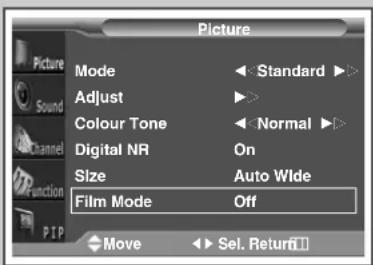 Picture Mode Adjust Colour Tone Digital NR Size Film Mode Off Move Sel. Return