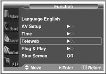 Function Language English AV Setup Time Teleweb Plug & Play Blue Screen Off Move Enter Return