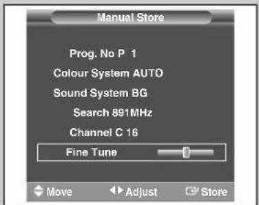 Manual Store Prog. No P 1 Colour System AUTO Sound System BG Search 891MHz Channel C 16 Fine Tune Move Adjust Store
