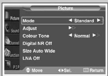 Picture Mode Adjust Colour Tone Digital NR Off Size Auto Wide LNA Off Move ►Sel. ►Return ►Standard ► ►Normal ►