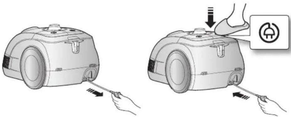 Diagram showing two steps of a robotic vacuum cleaner with labeled parts and a warning symbol