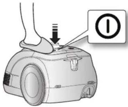 Diagram showing a foot pressing down on a robotic device with an instructional label (①) indicating the step.