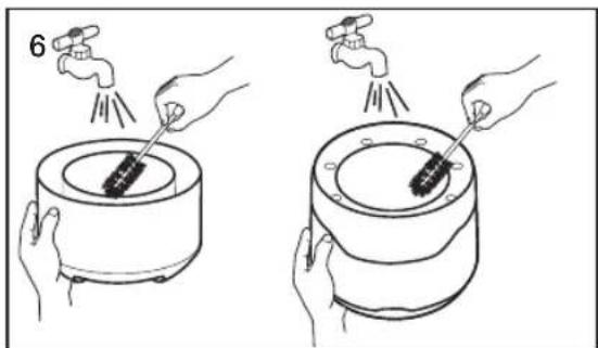 Illustration of two hands using a tool to clean or brush the same object in a circular container.