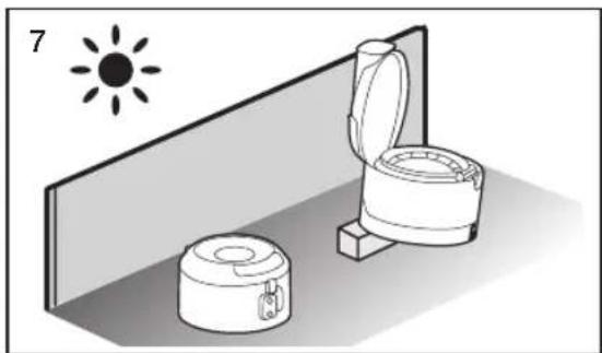 Illustration of a toilet and sink in a bathroom with a sun symbol above (no text or labels).