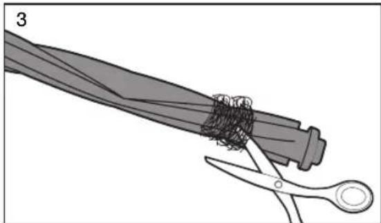 Illustration of a hair follicle being cut with scissors, no text or symbols present