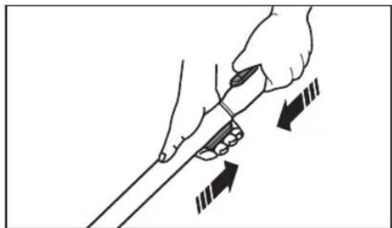 Illustration of a hand holding a tool with directional arrows indicating movement or force (no text or symbols)