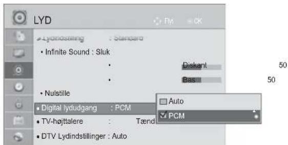 LYD • Lydinosling : Standard • Infinite Sound : Sluk • Nulstille • Digital lydudgang : PCM • TV-højttalere : Tænd • DTV Lydindstillinger : Auto Diskant Bas... Auto PCM