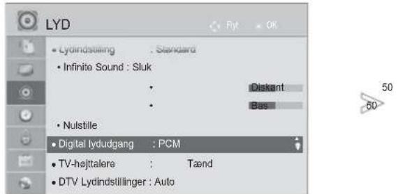 LYD • Lydindstilling : Standard • Infinito Sound : Sluk • Diskant • Bas • Nulstille • Digital lydudgang : PCM • TV-højttalere : Tænd • DTV Lydindstillinger : Auto