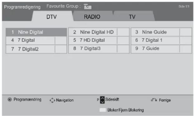 Programredigering Favourite Group : DTV RADIO TV 1 Nine Digital 2 Nine Digital HD 3 Nine Guide 4 7 Digital 5 7 HD Digital 6 7 Digital 1 7 7 Digital2 8 7 Digital3 9 7 Guide Programændring Navigation Sideskift Forrige Bloken/Fjorn Blokering