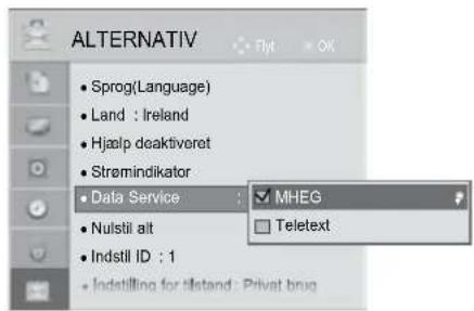 ALTERNATIV Sprog(Language) Land : Ireland Hjælp deaktiveret Stremindikator Data Service Nulstil alt Indstil ID : 1 Indstilling for tilstand : Privat bng MHEG Teletext